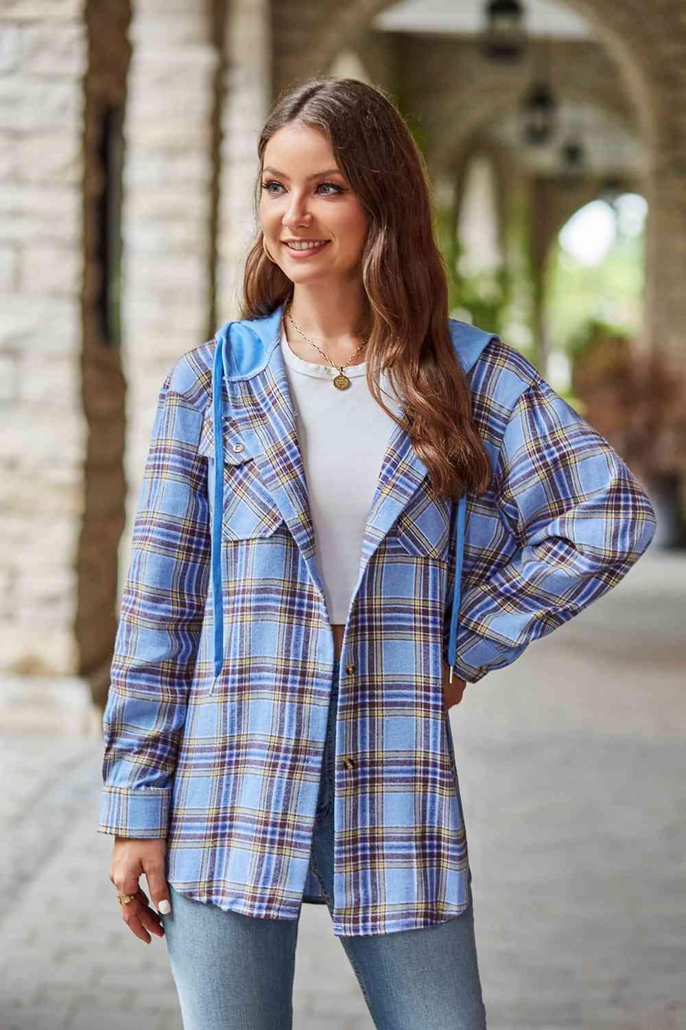 Plaid Long Sleeve Hooded Jacket -- 