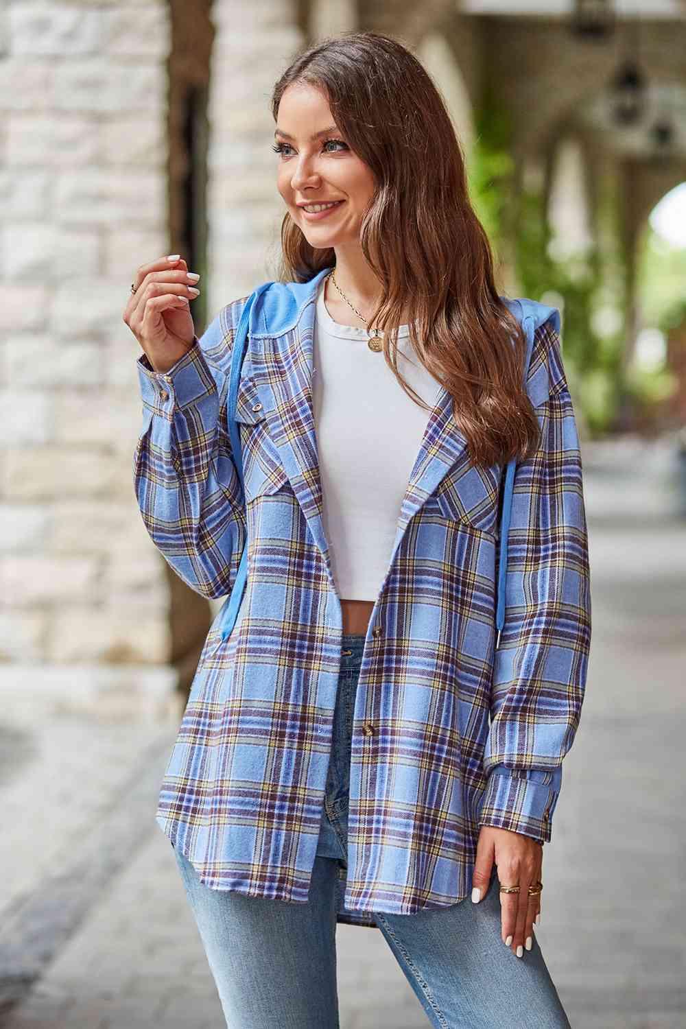 Plaid Long Sleeve Hooded Jacket -- 