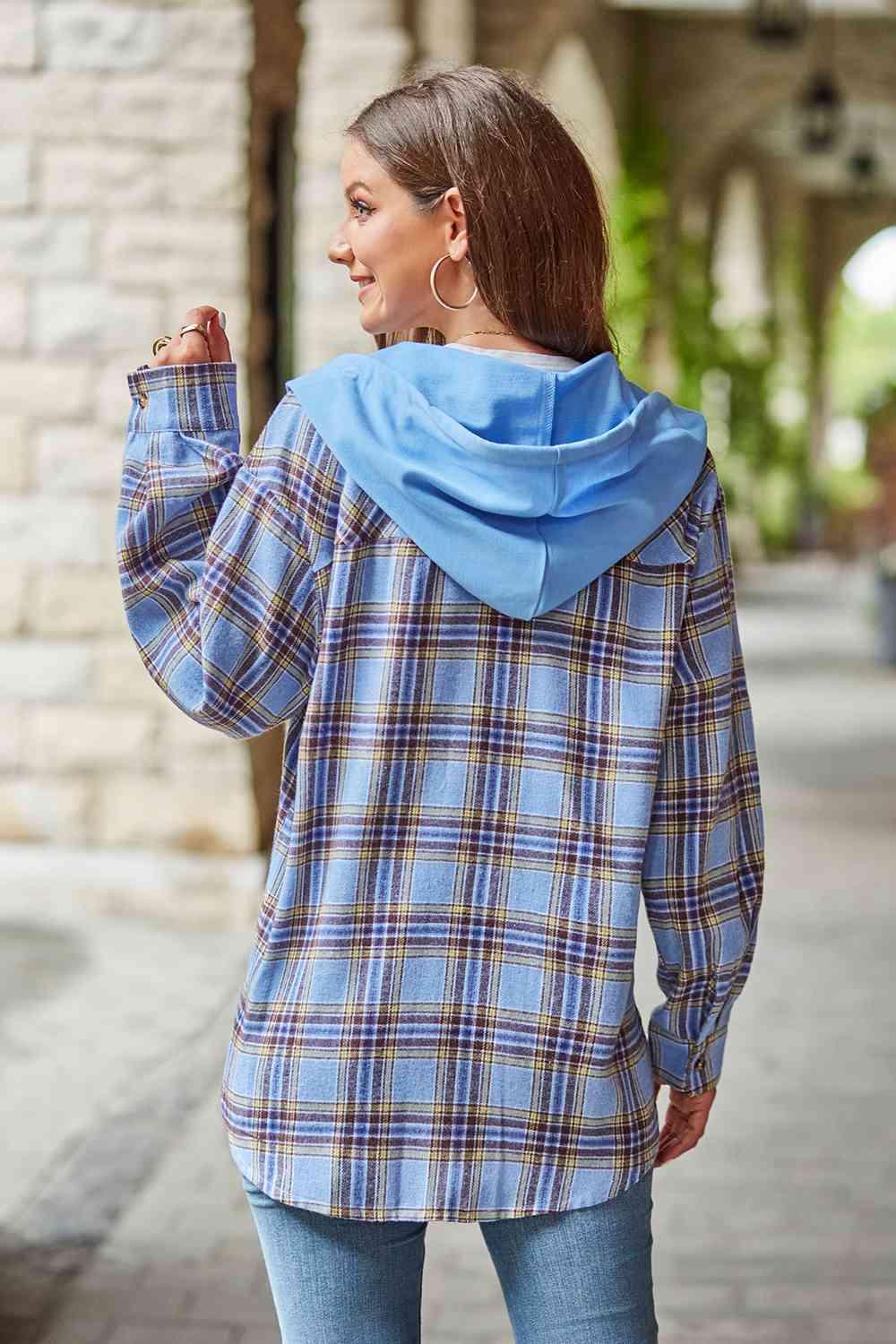 Plaid Long Sleeve Hooded Jacket -- 