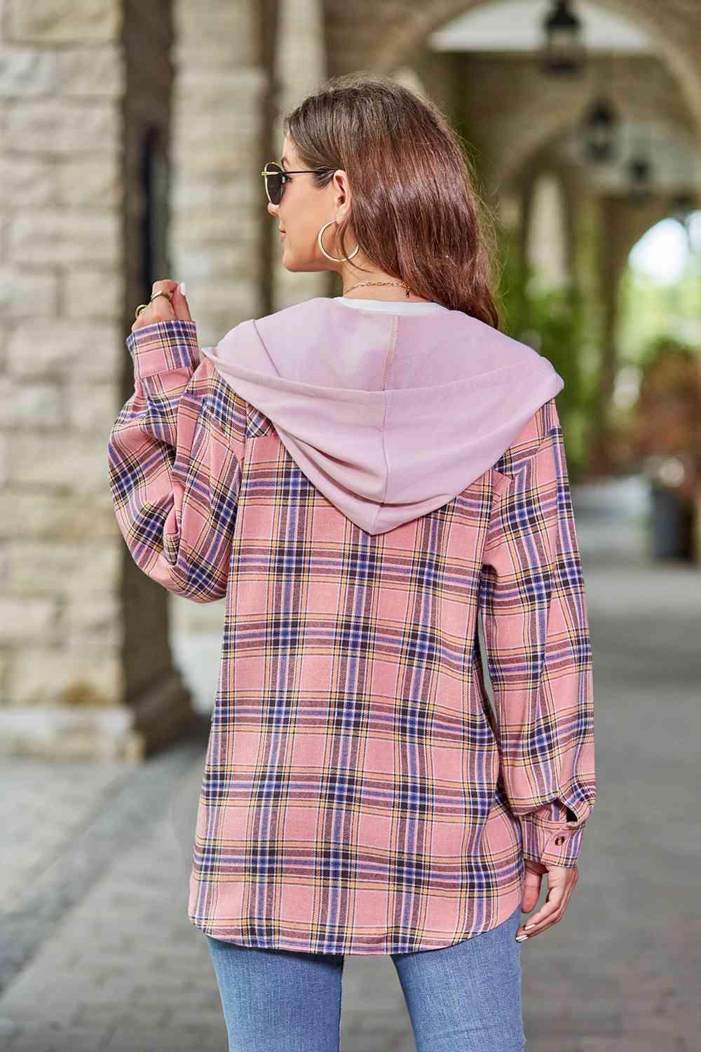 Plaid Long Sleeve Hooded Jacket -- 