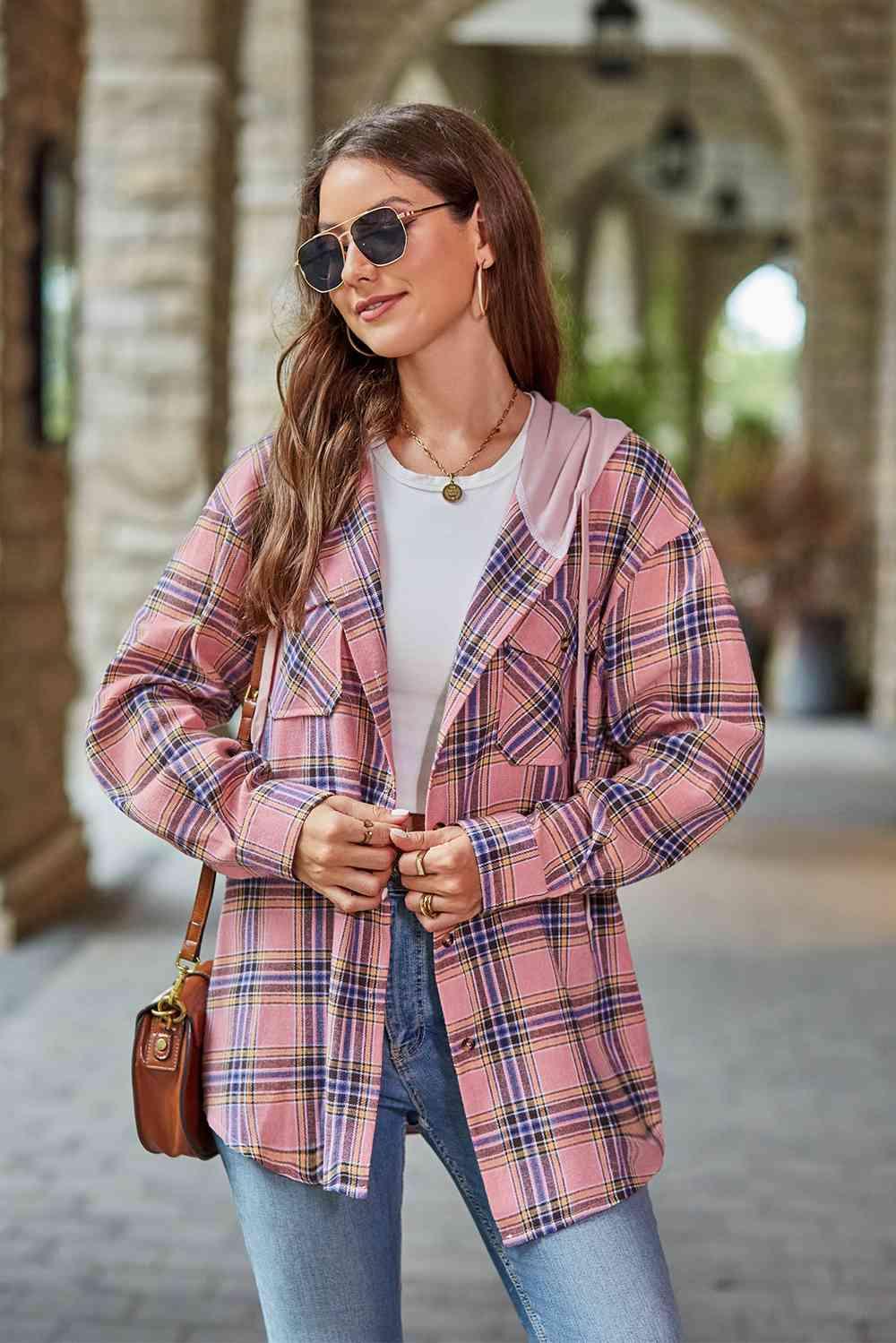 Plaid Long Sleeve Hooded Jacket -- 