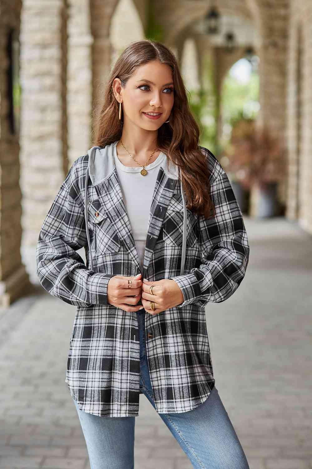 Plaid Long Sleeve Hooded Jacket -- 