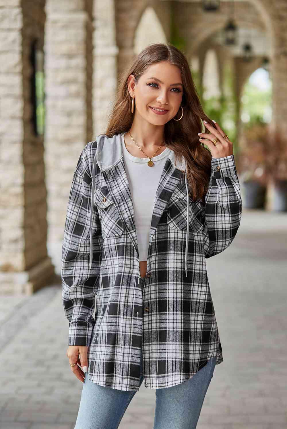 Plaid Long Sleeve Hooded Jacket -- 