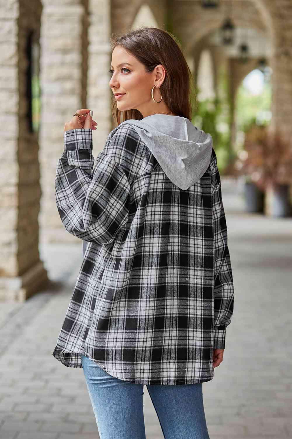 Plaid Long Sleeve Hooded Jacket -- 