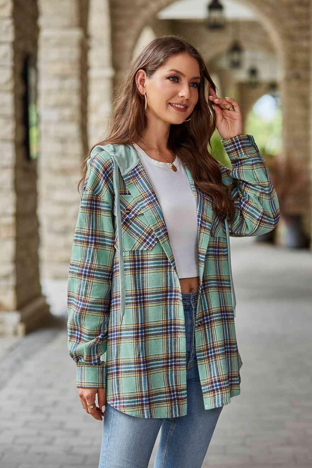 Plaid Long Sleeve Hooded Jacket -- 