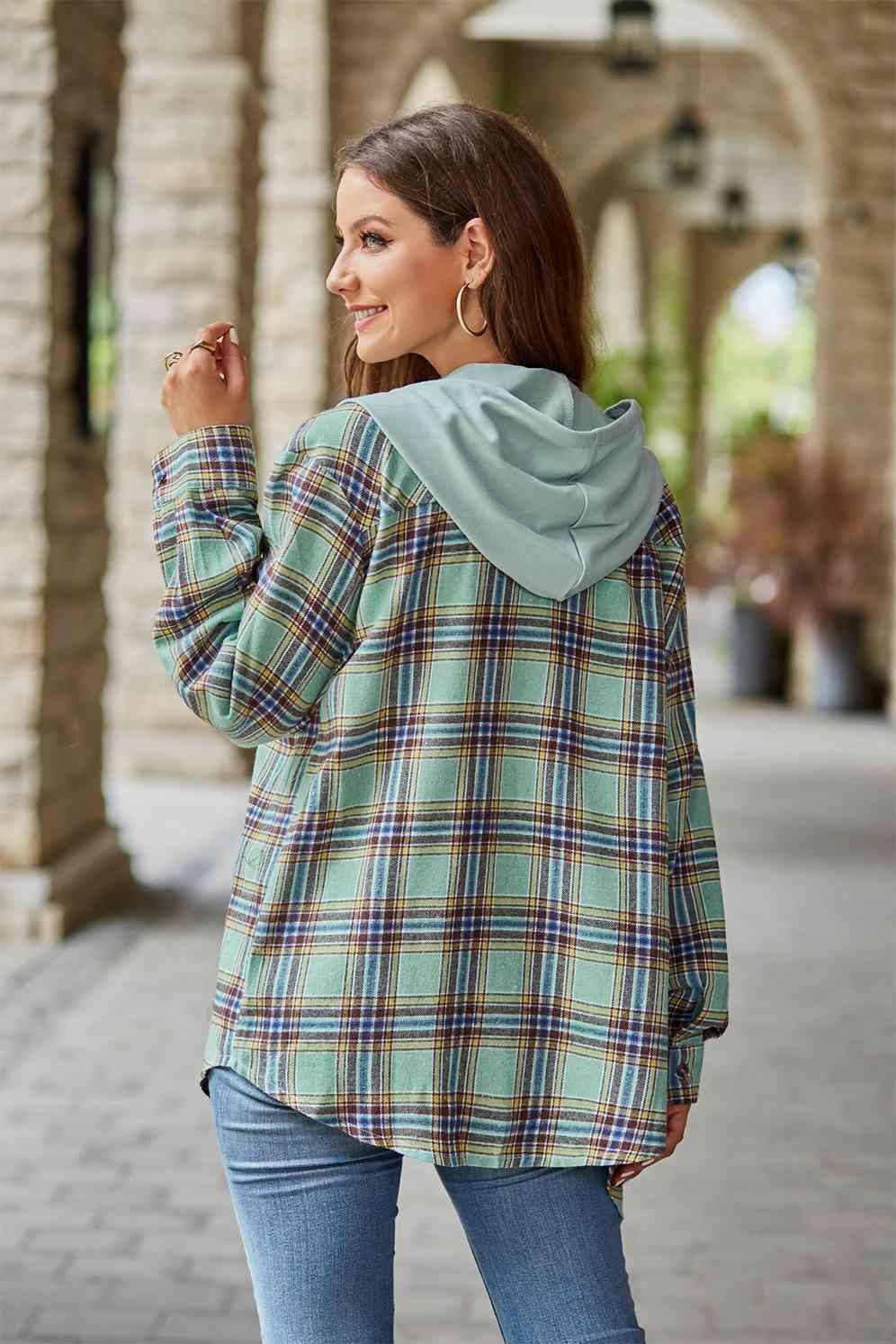 Plaid Long Sleeve Hooded Jacket -- 