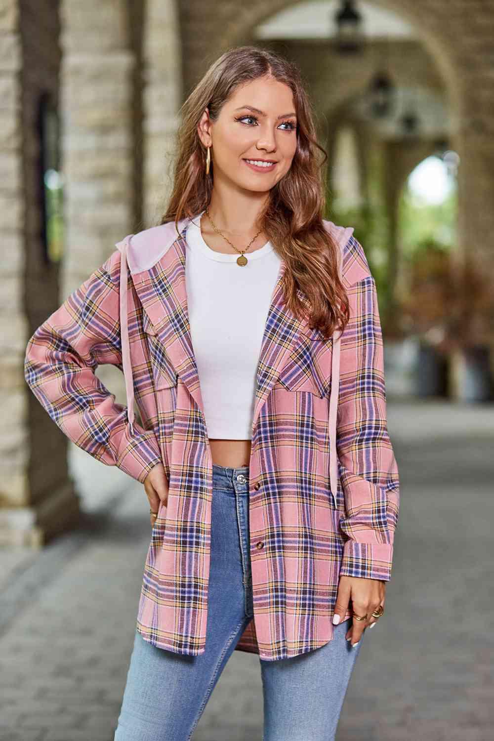 Plaid Long Sleeve Hooded Jacket -- 