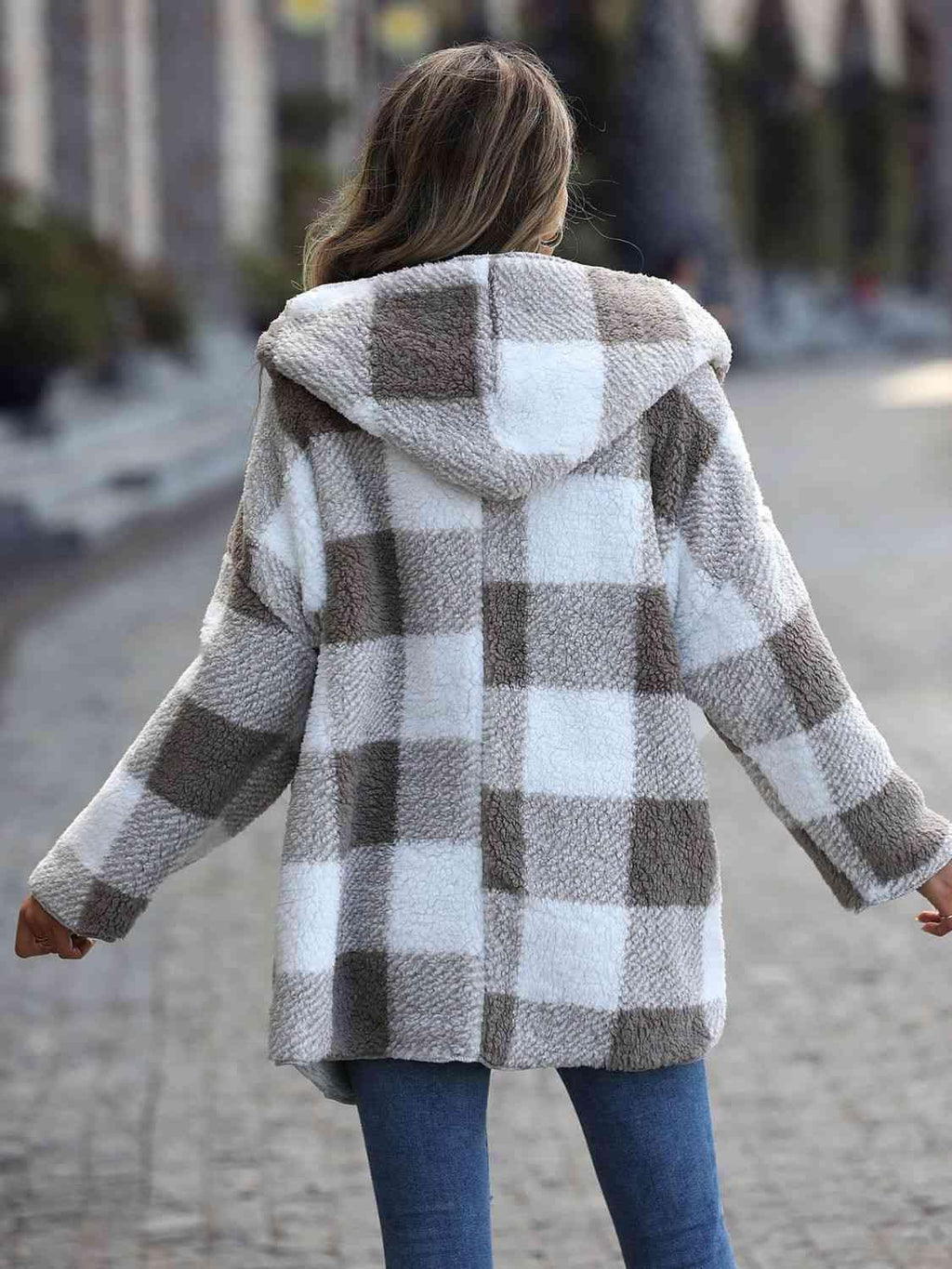 Plaid Open Front Hooded Coat -- 