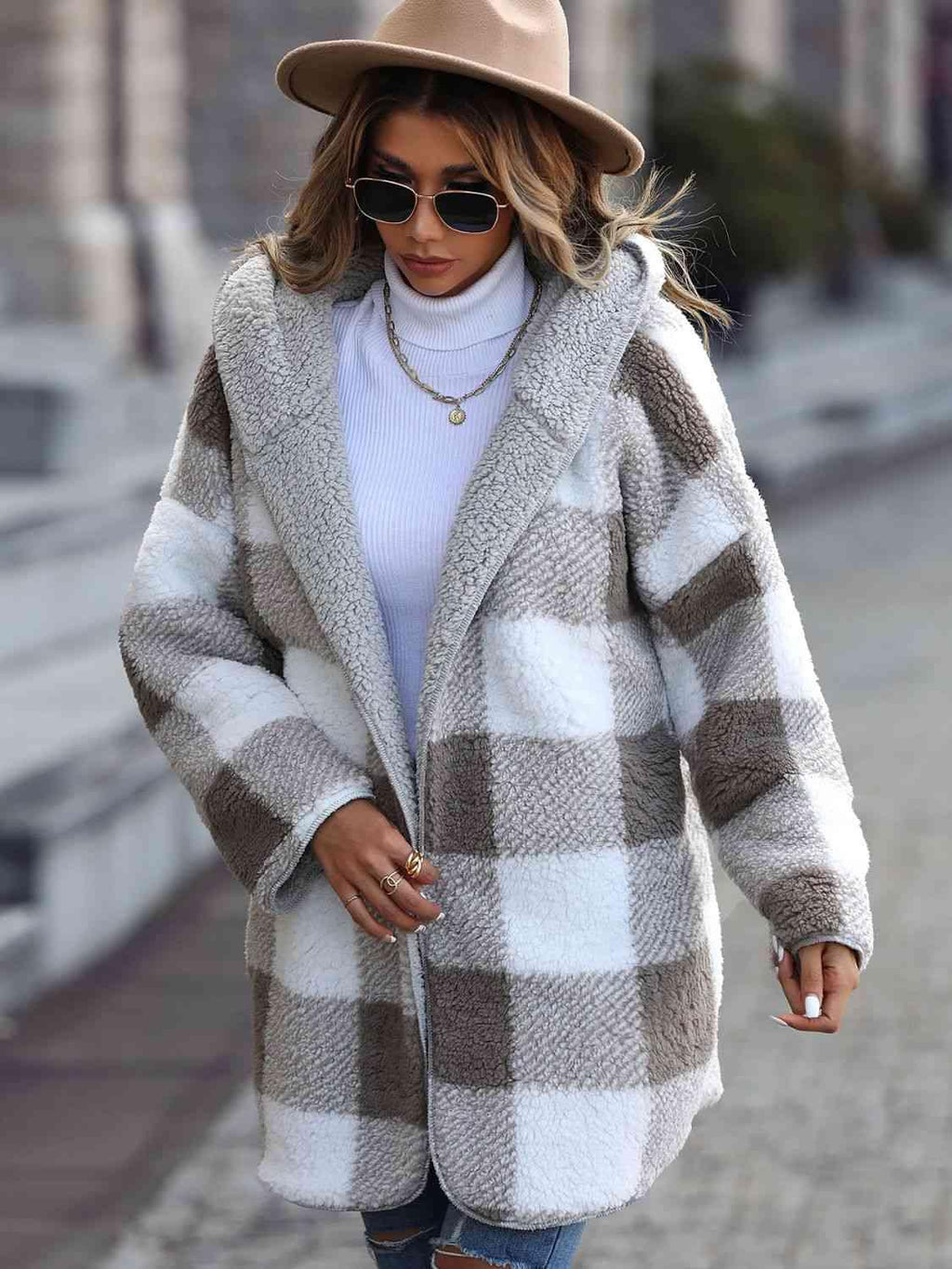 Plaid Open Front Hooded Coat -- 