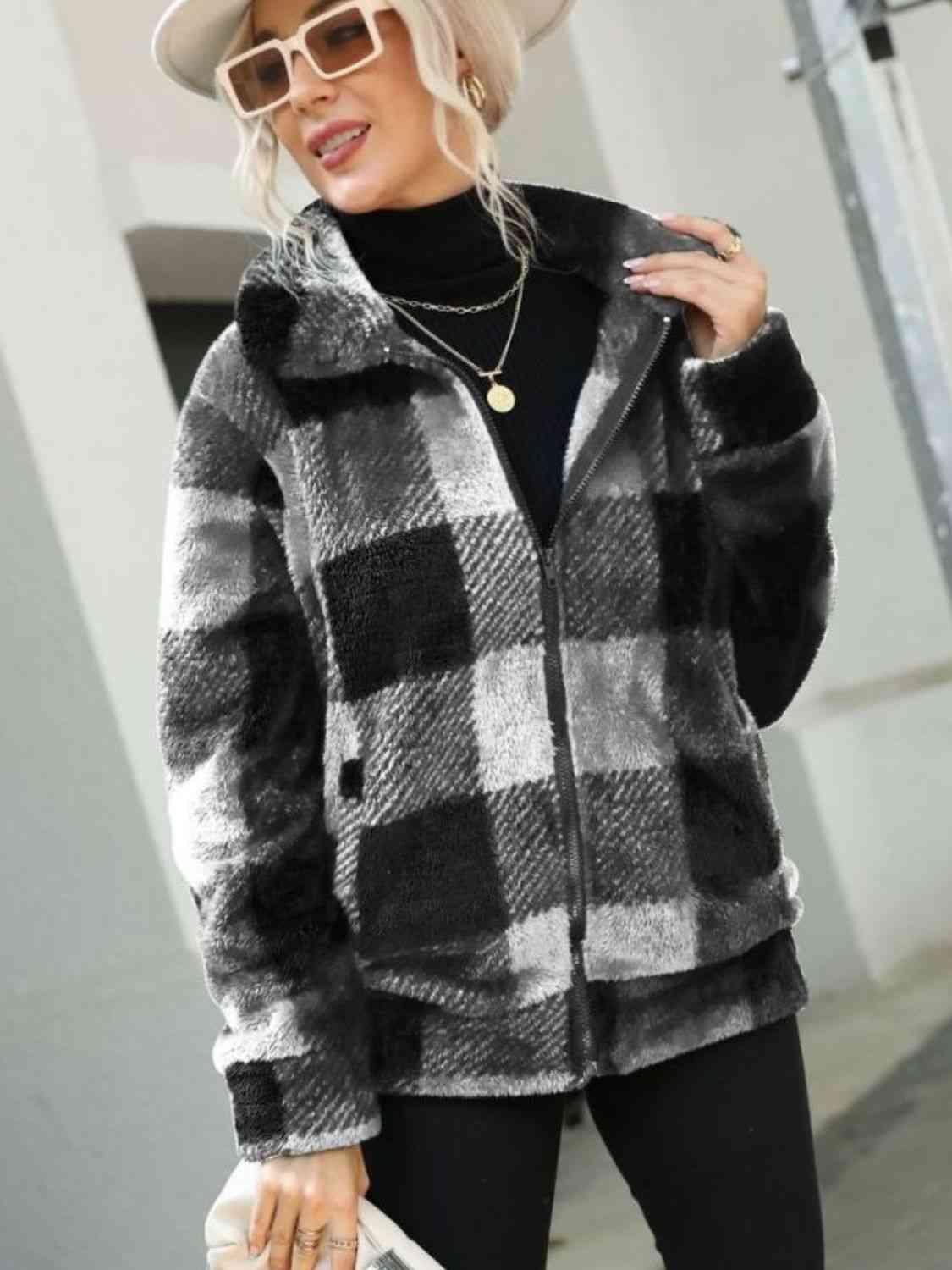 Plaid Zip-Up Collared Jacket -- 