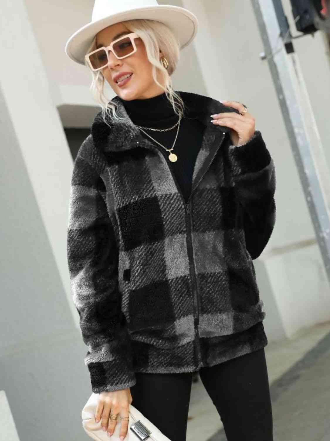 Plaid Zip-Up Collared Jacket -- 