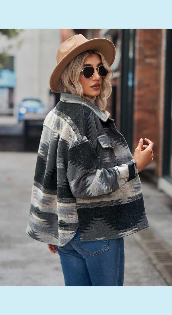 Printed Collared Neck Jacket -- 