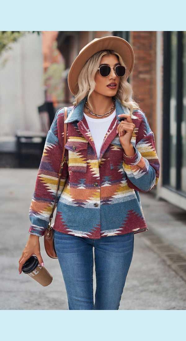Printed Collared Neck Jacket -- 