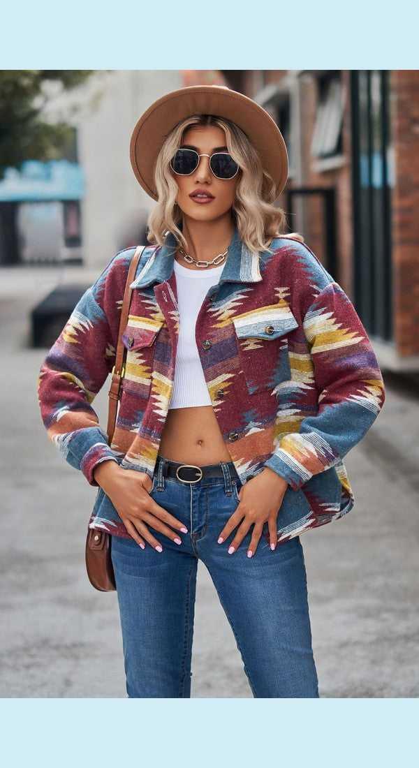 Printed Collared Neck Jacket -- 