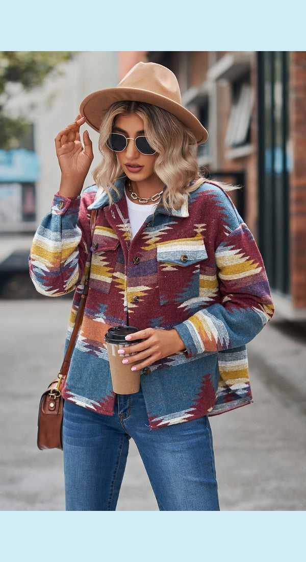 Printed Collared Neck Jacket -- 