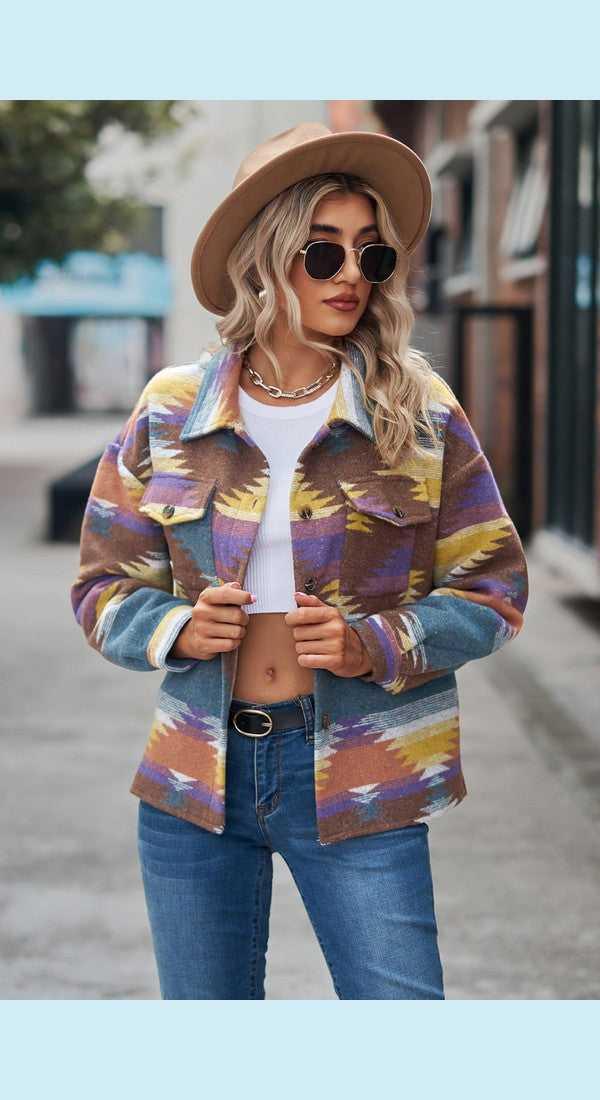 Printed Collared Neck Jacket -- 