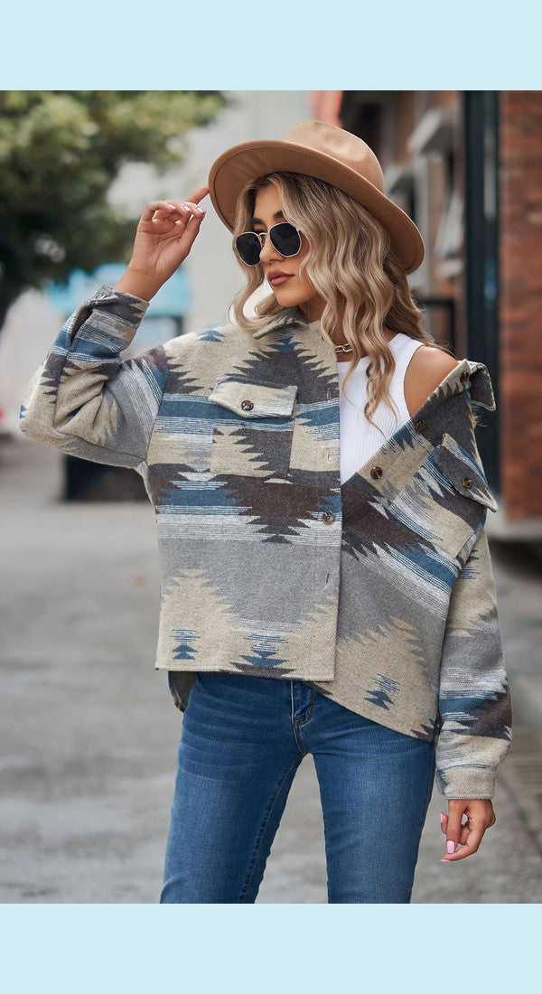 Printed Collared Neck Jacket -- 