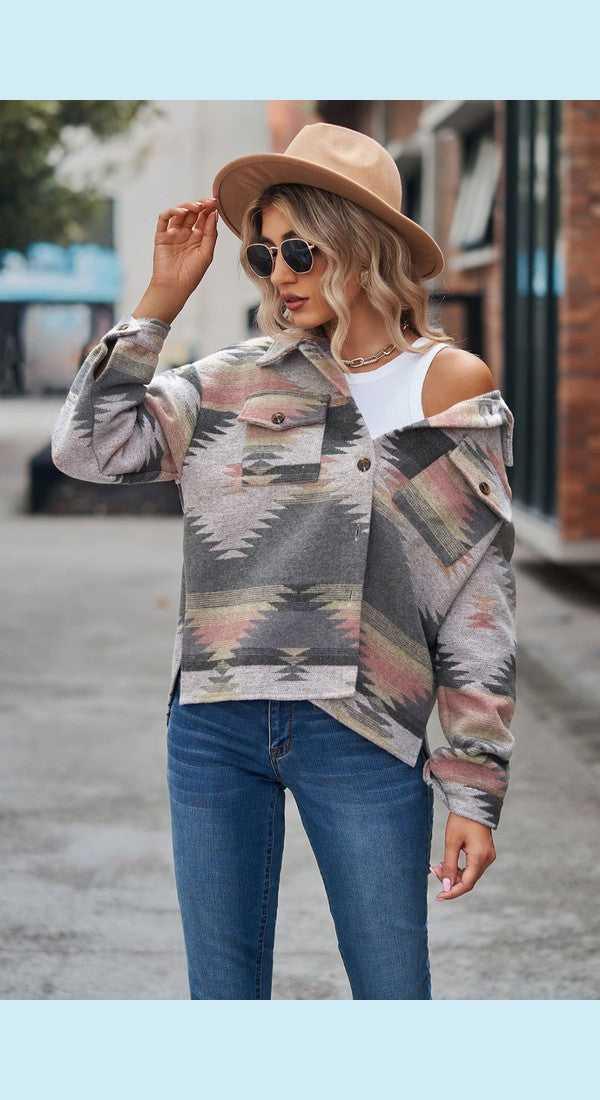 Printed Collared Neck Jacket -- 