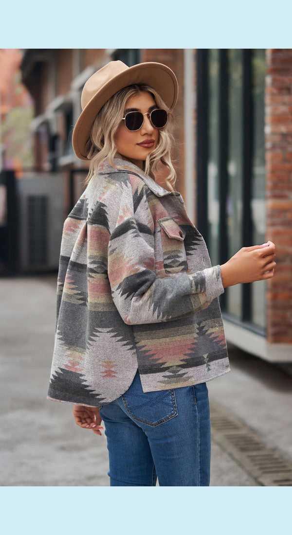 Printed Collared Neck Jacket -- 