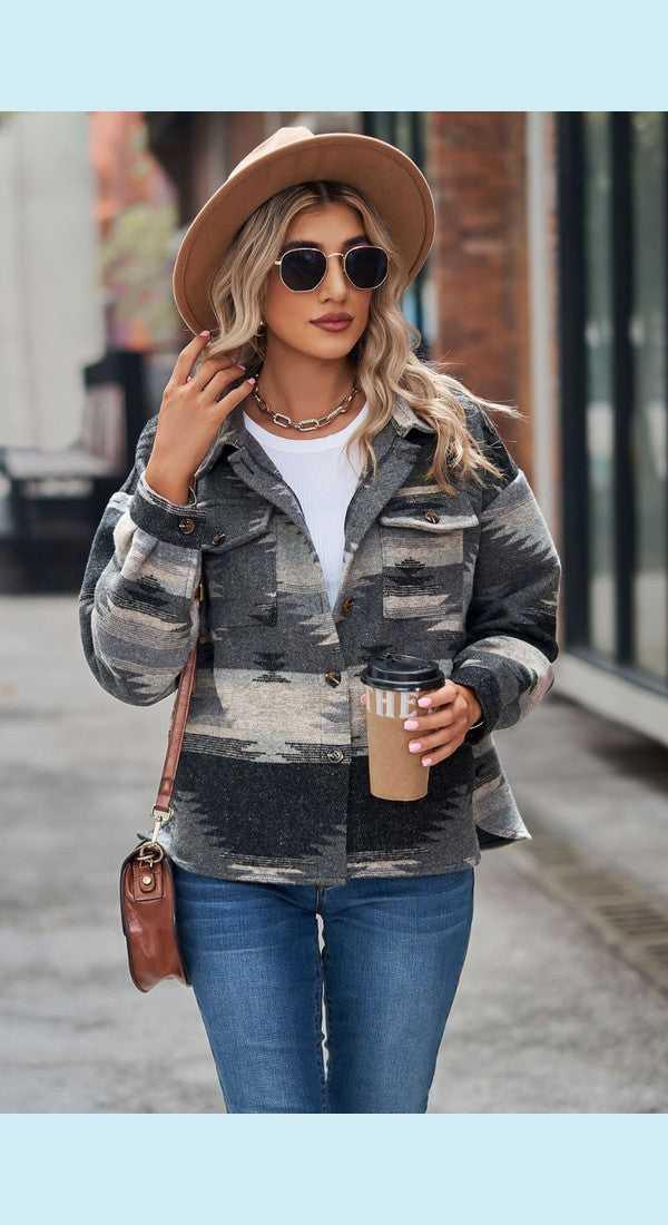 Printed Collared Neck Jacket -- 