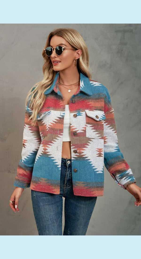Printed Collared Neck Jacket -- 