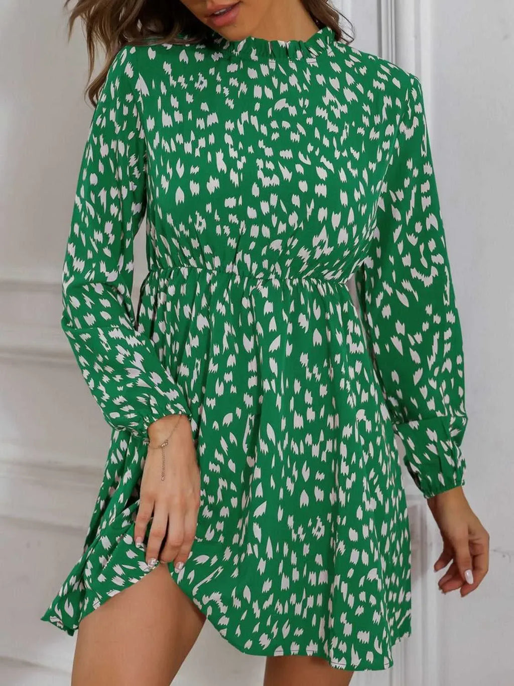 Printed Frill Neck Long Sleeve Dress -- 