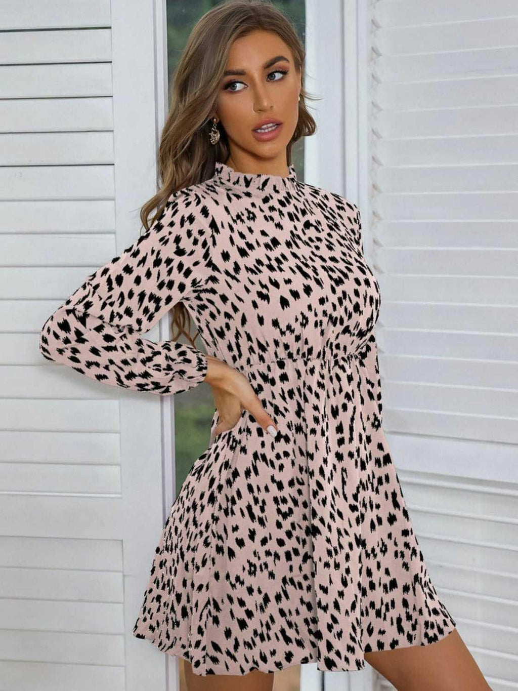 Printed Frill Neck Long Sleeve Dress -- 