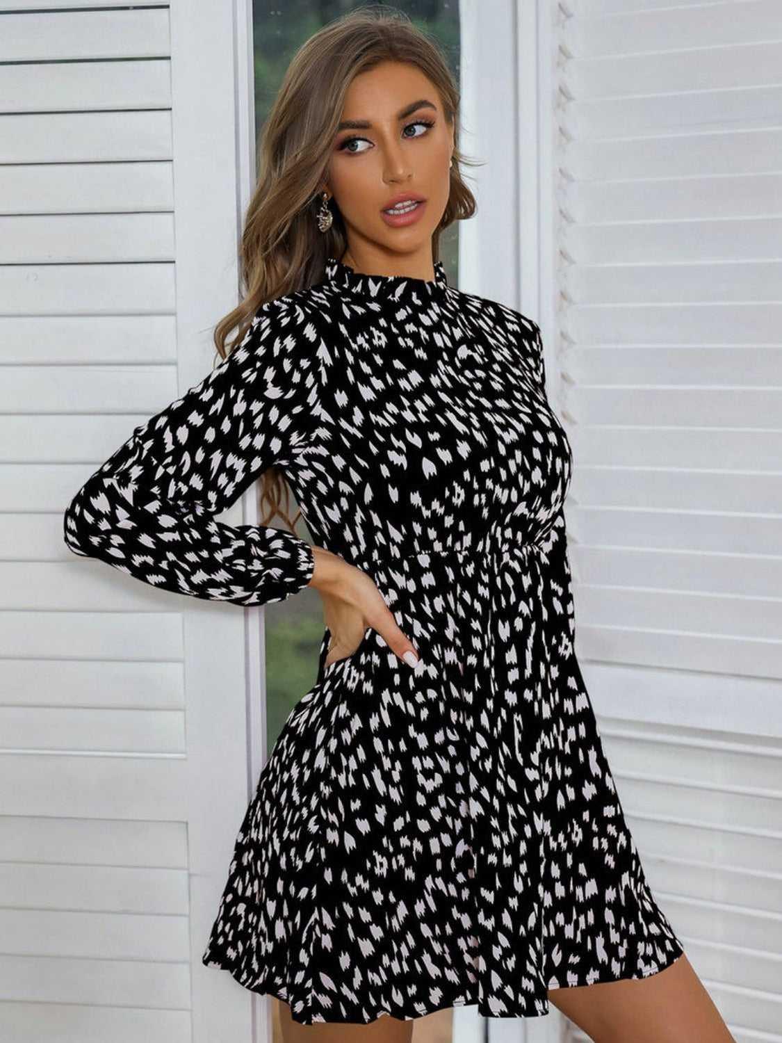 Printed Frill Neck Long Sleeve Dress -- 