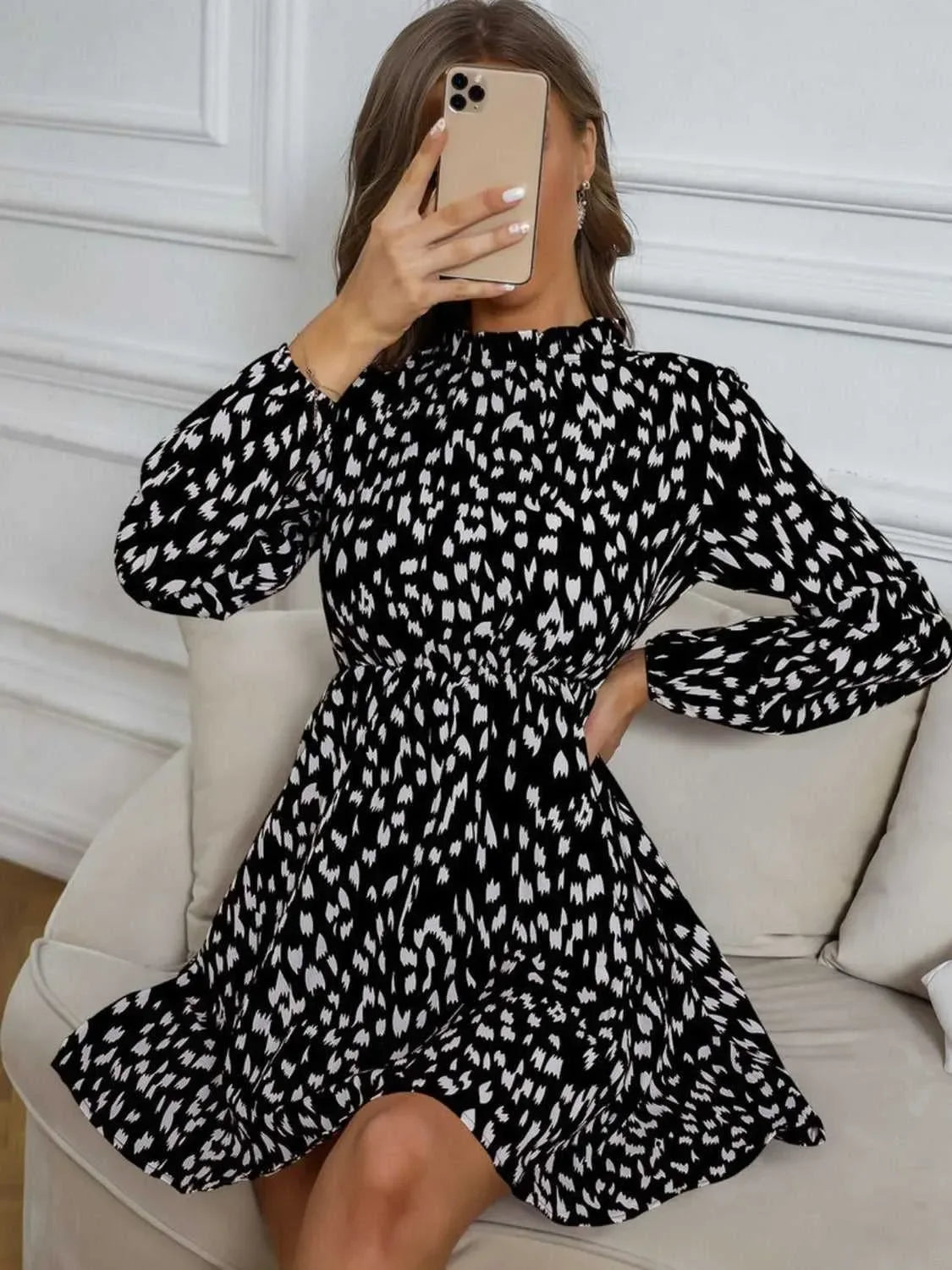Printed Frill Neck Long Sleeve Dress -- 