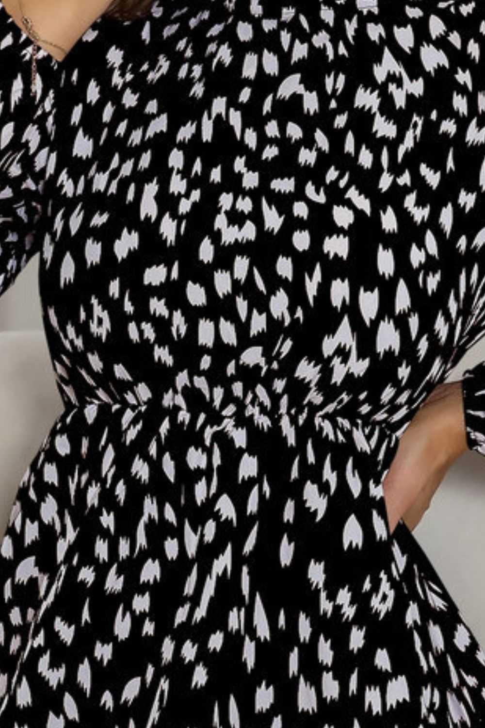 Printed Frill Neck Long Sleeve Dress -- 