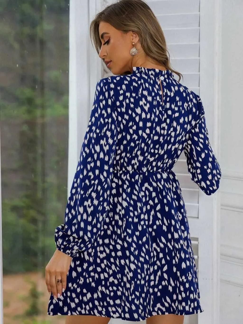 Printed Frill Neck Long Sleeve Dress -- 