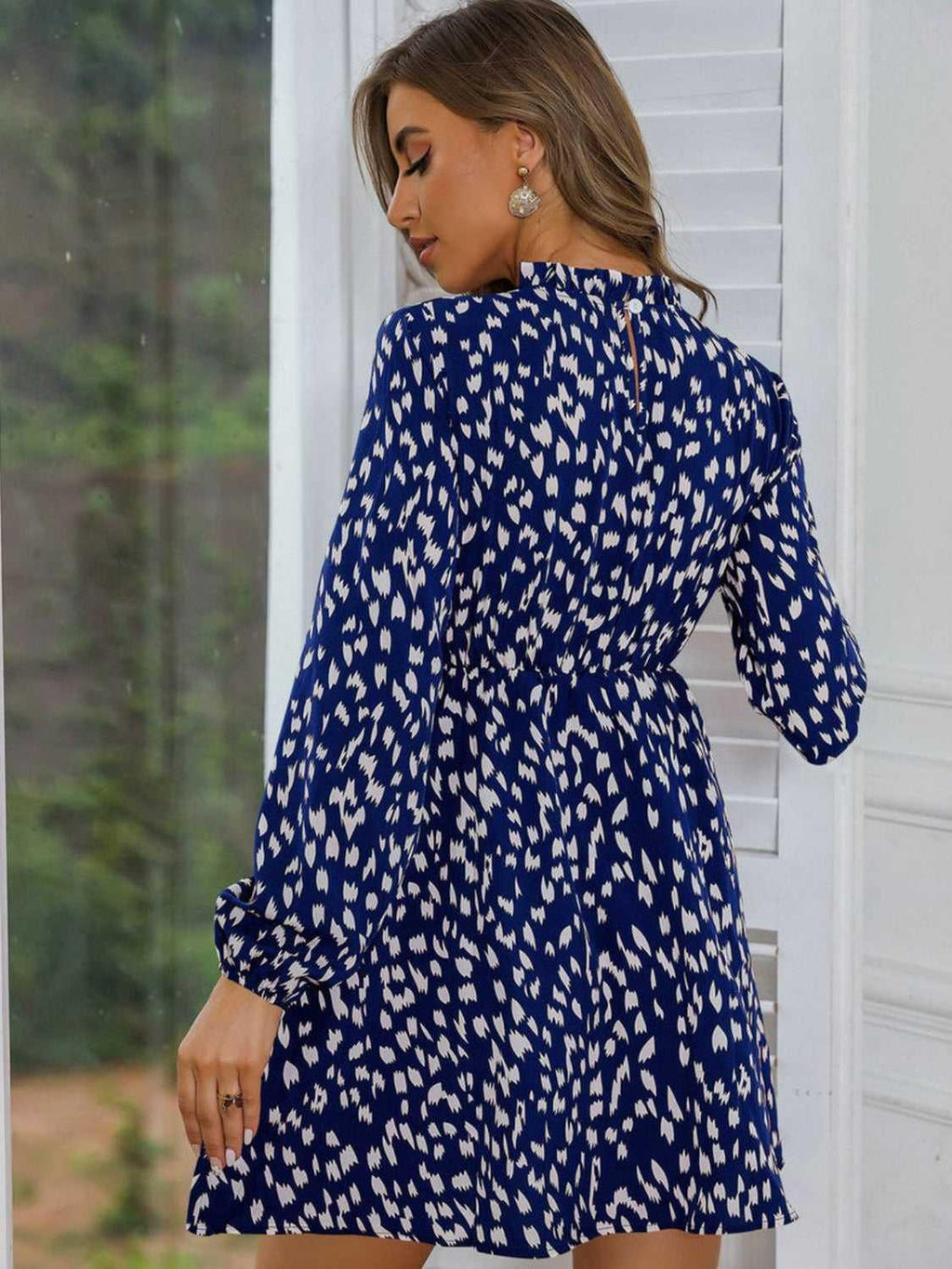 Printed Frill Neck Long Sleeve Dress -- 