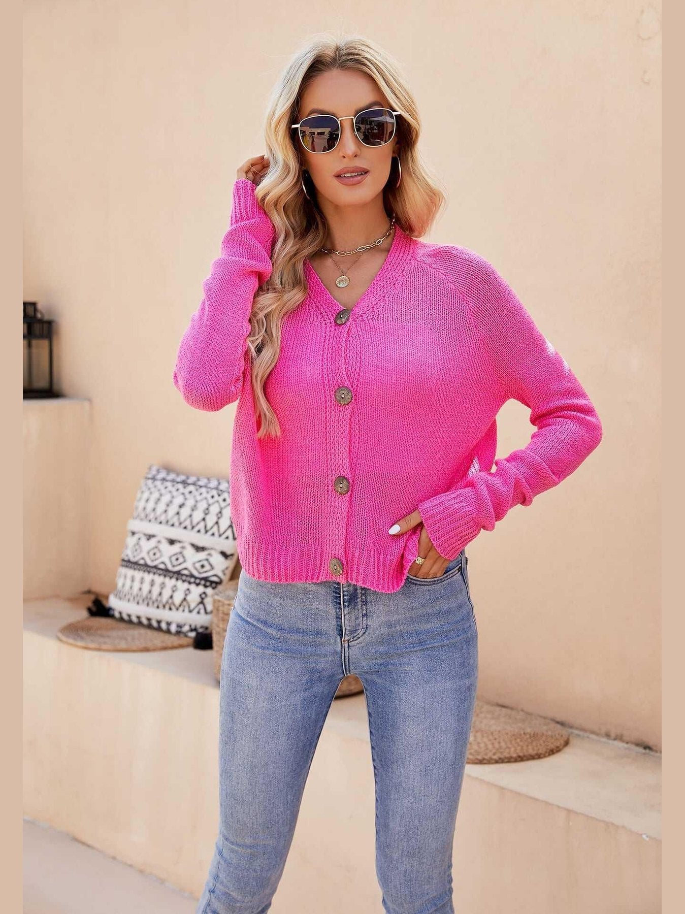 Raglan Sleeve Button Front Cardigan -- 