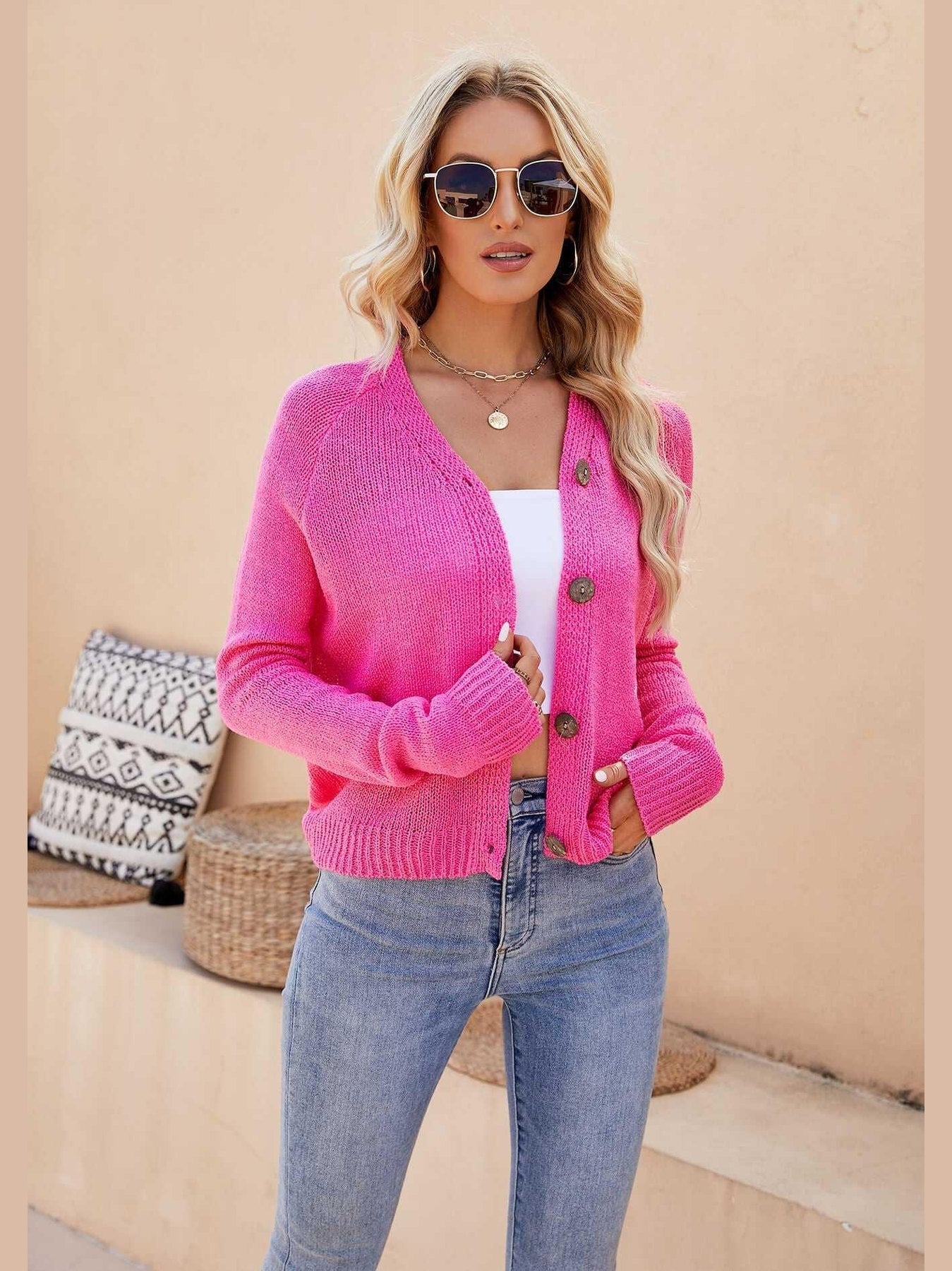 Raglan Sleeve Button Front Cardigan -- 