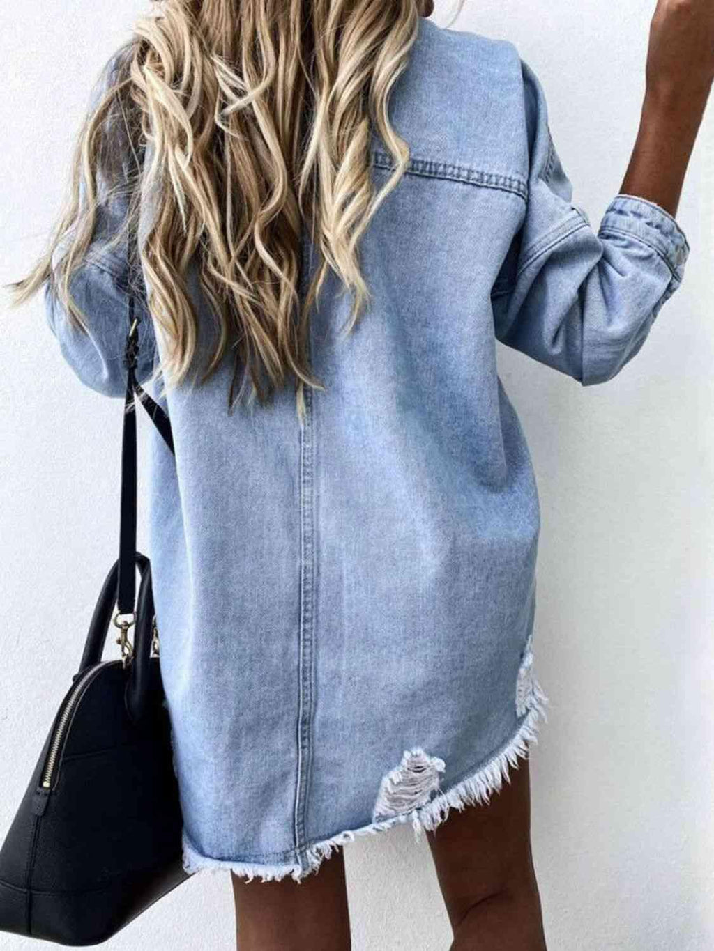 Raw Hem Collared Neck Long Sleeve Denim Jacket -- 