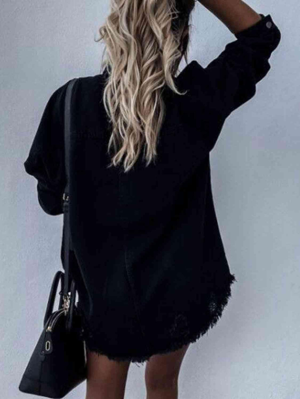 Raw Hem Collared Neck Long Sleeve Denim Jacket -- 