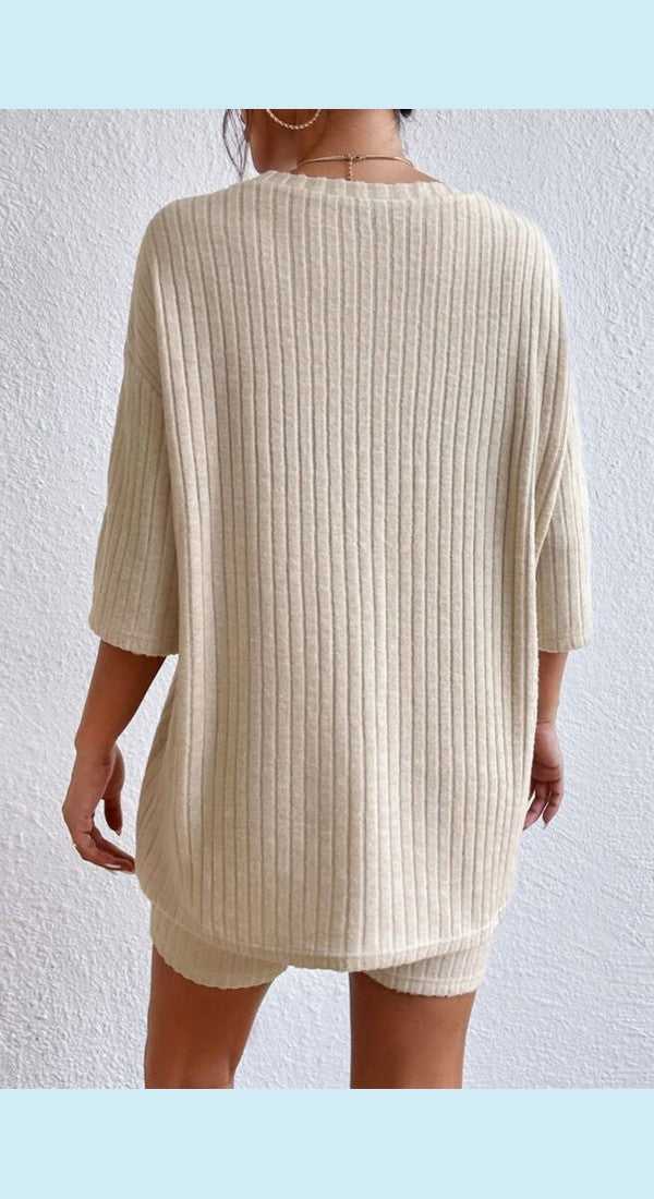 Round Neck Ribbed Top and Shorts Lounge Set