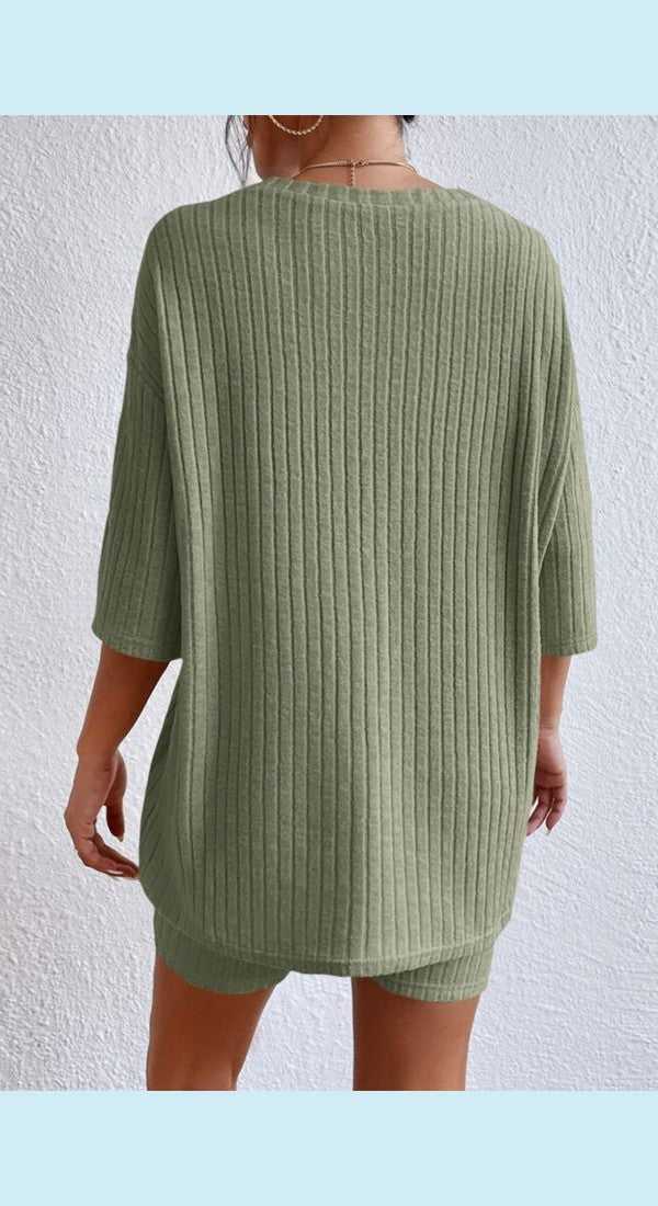 Round Neck Ribbed Top and Shorts Lounge Set