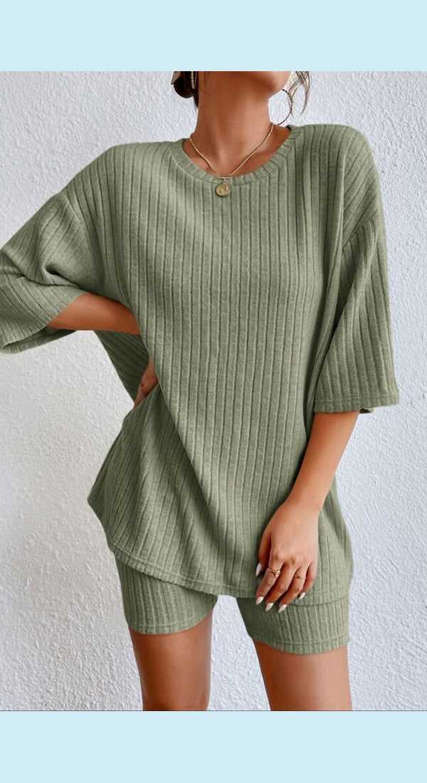 Round Neck Ribbed Top and Shorts Lounge Set