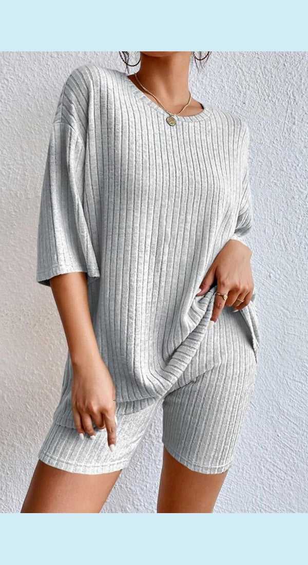 Round Neck Ribbed Top and Shorts Lounge Set