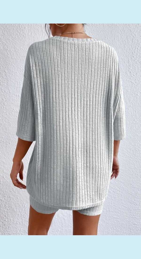 Round Neck Ribbed Top and Shorts Lounge Set