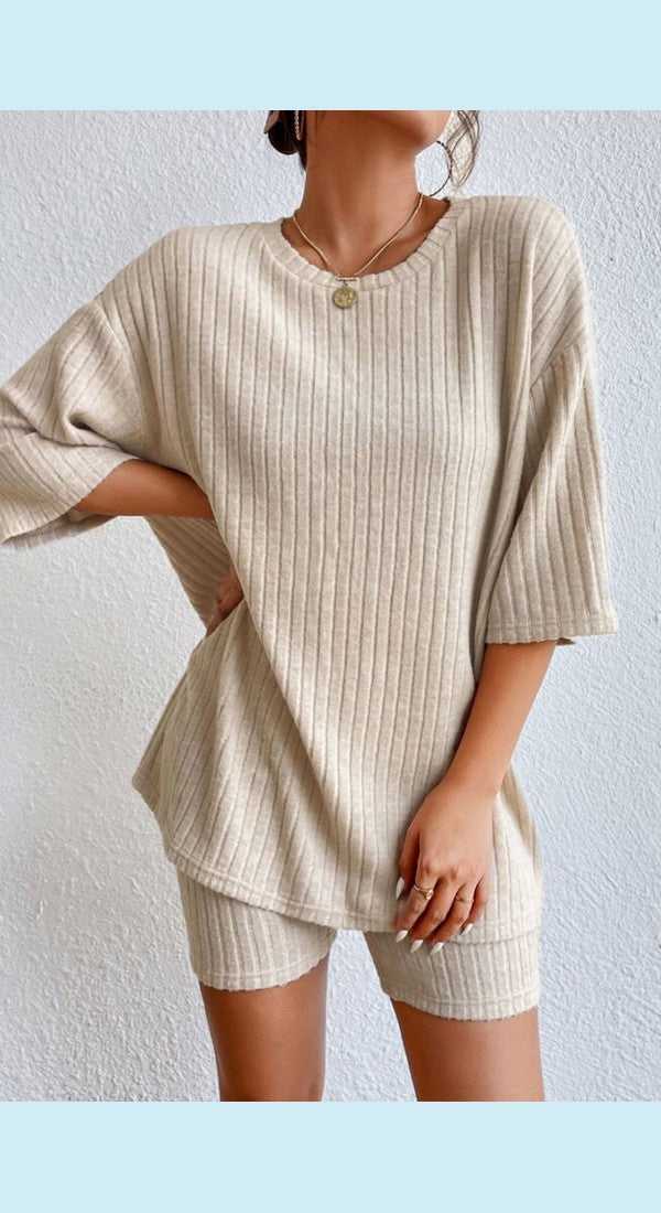 Round Neck Ribbed Top and Shorts Lounge Set