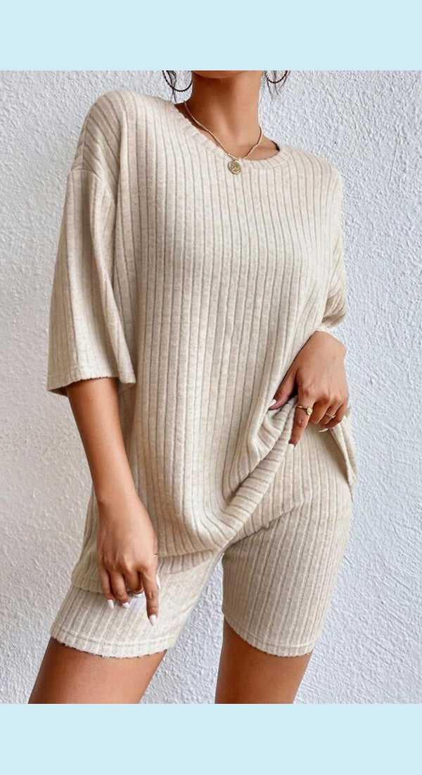 Round Neck Ribbed Top and Shorts Lounge Set