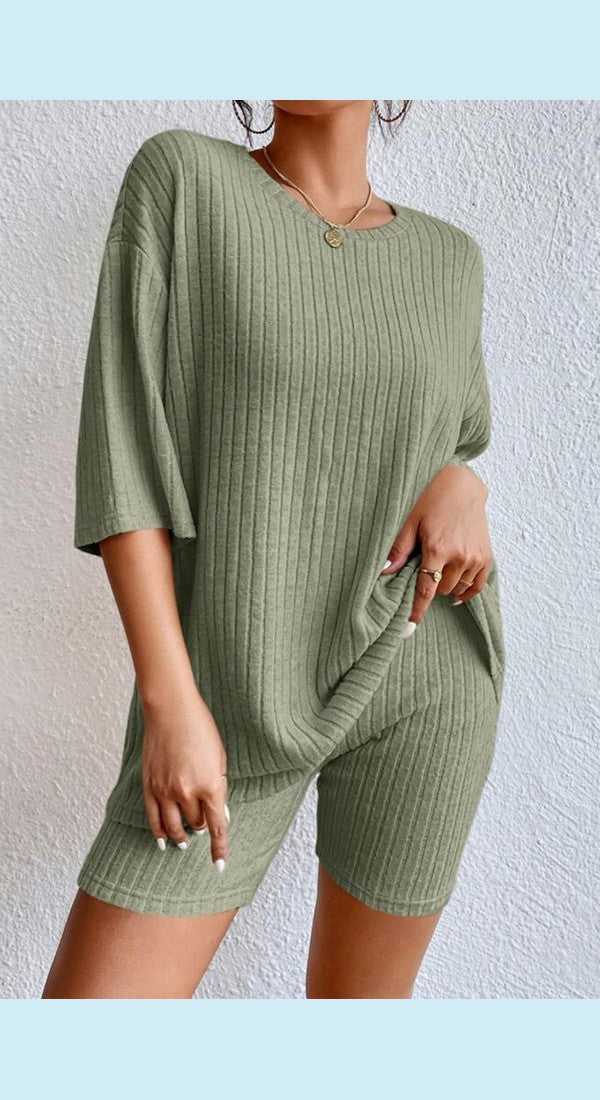 Round Neck Ribbed Top and Shorts Lounge Set