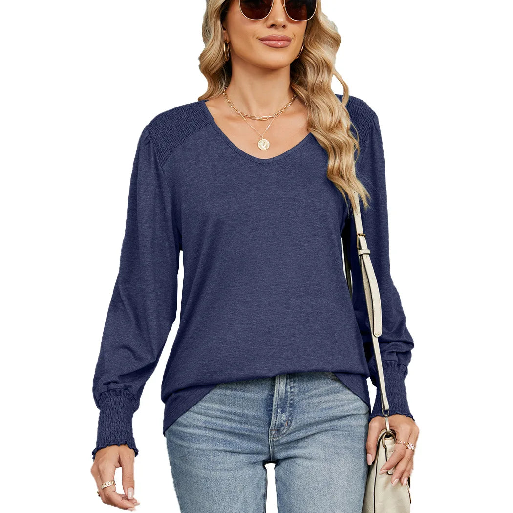 Women's V-Neck Smocked Cuff Long Sleeve Top