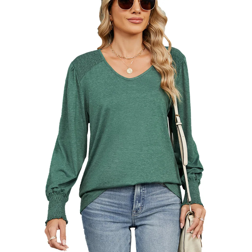 Women's V-Neck Smocked Cuff Long Sleeve Top