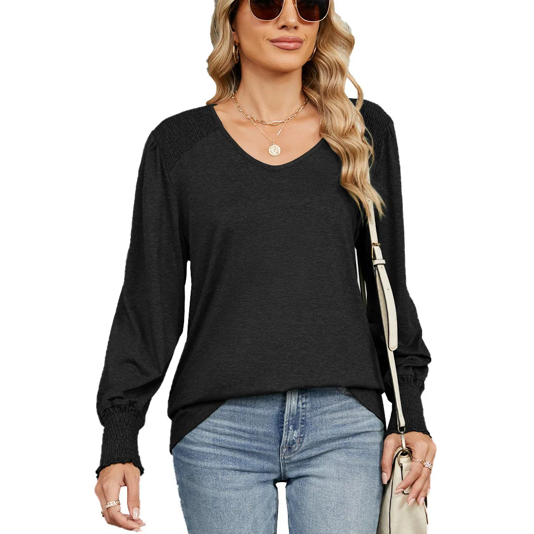 Women's V-Neck Smocked Cuff Long Sleeve Top