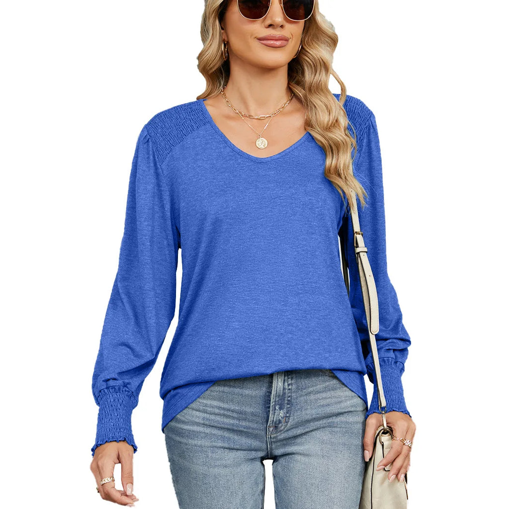Women's V-Neck Smocked Cuff Long Sleeve Top