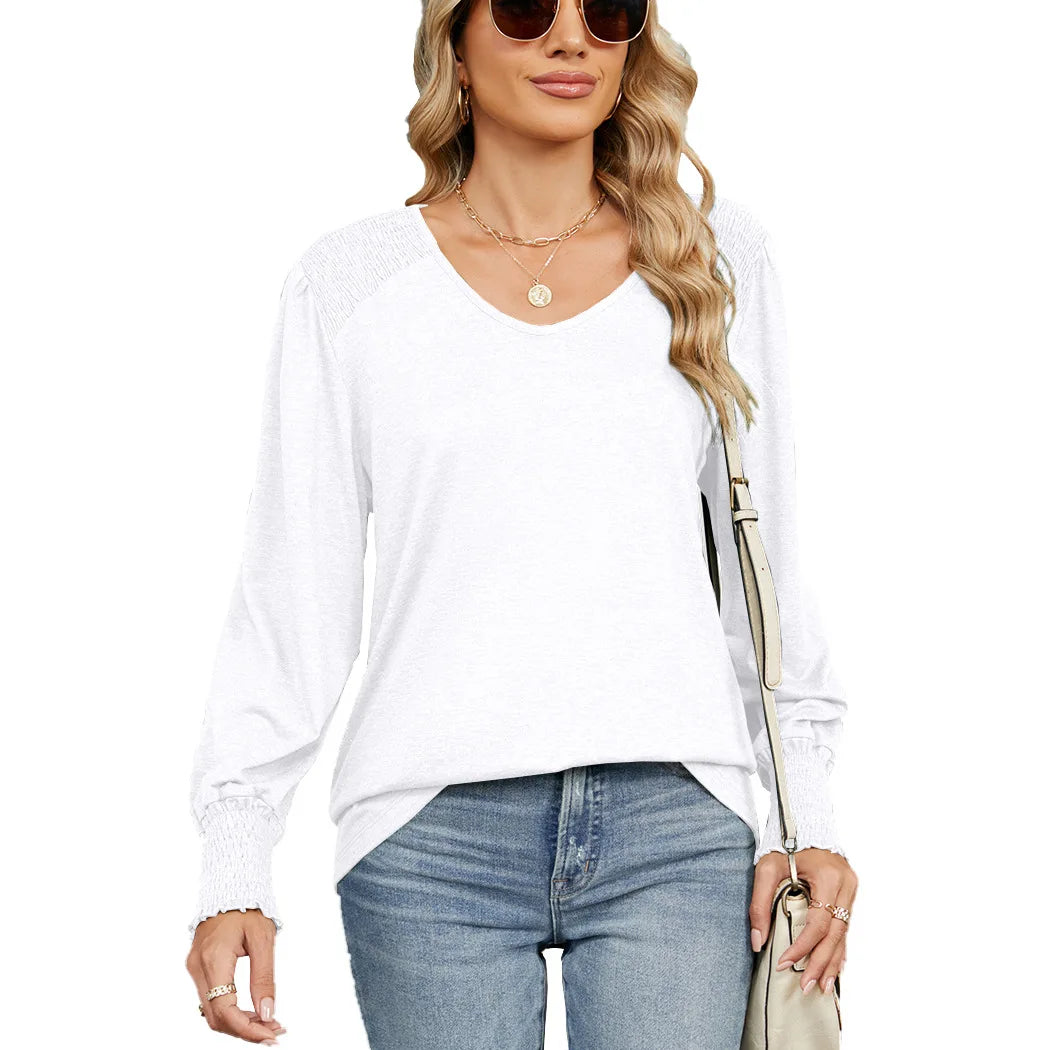 Women's V-Neck Smocked Cuff Long Sleeve Top