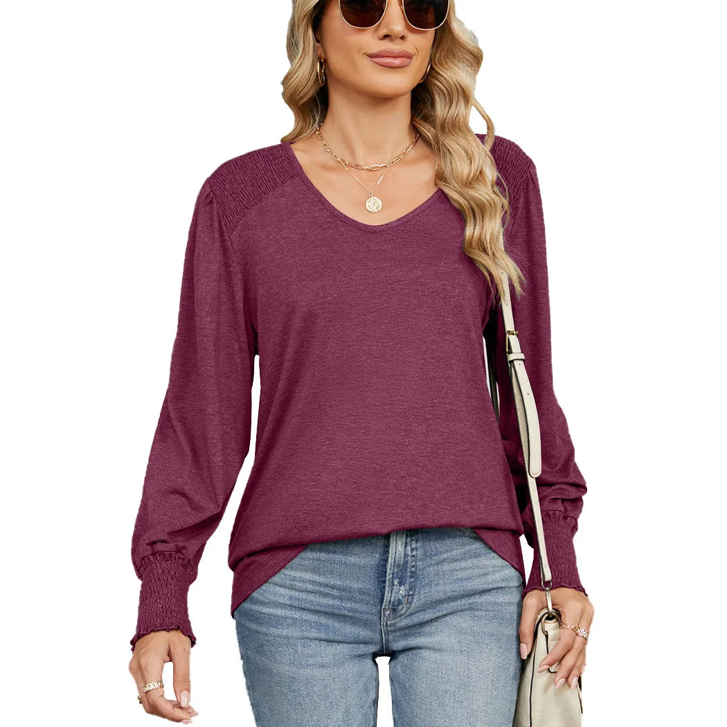 Women's V-Neck Smocked Cuff Long Sleeve Top